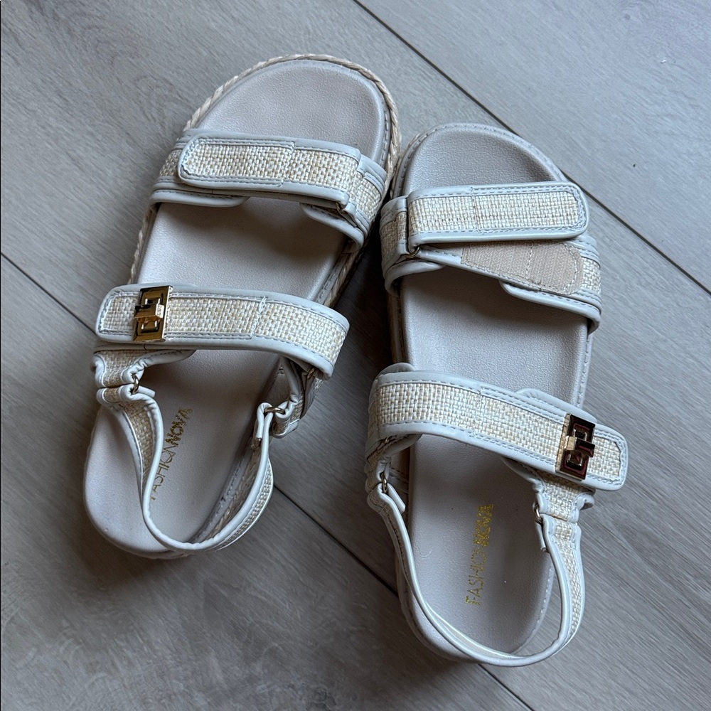 White Strappy Sandals with Gold Buckle